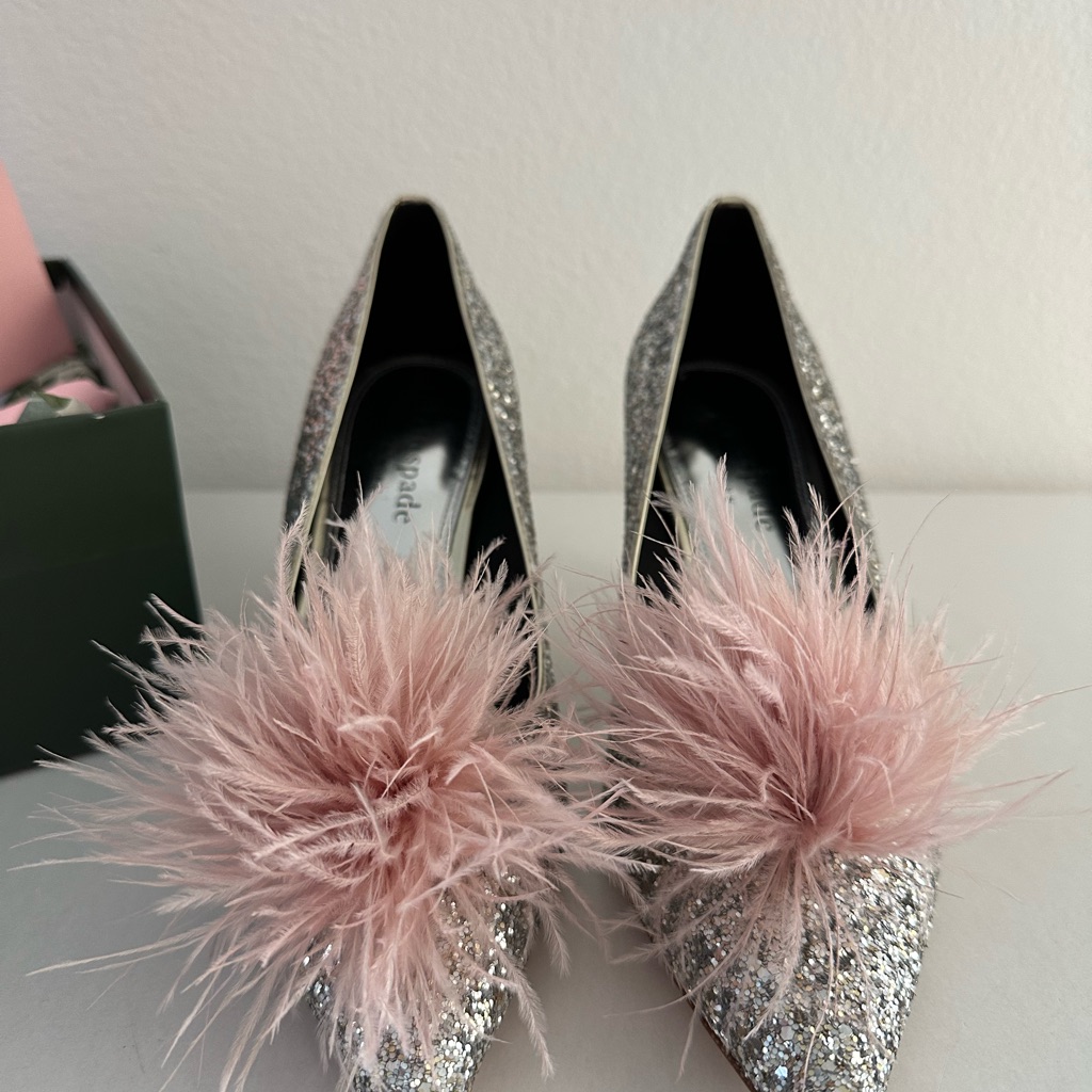 Kate Spade Glitter Heels With Pink Feather Accent